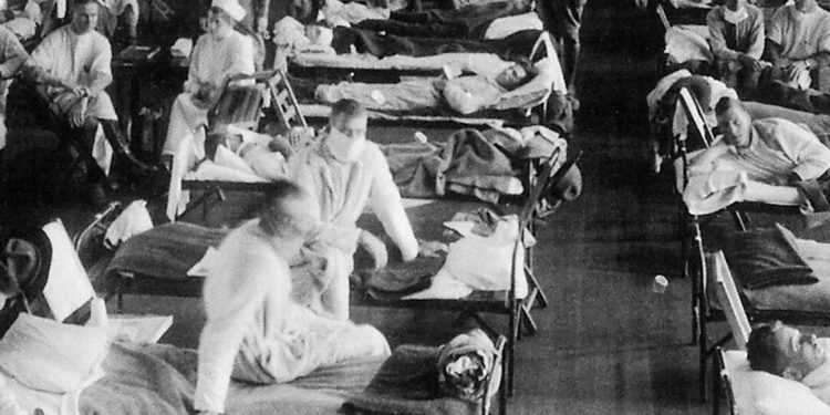 Patients being treated at an Army ward in Kansas during the Influenza Epidemic of 1918. The 1918 flu pandemic was an influenza pandemic. It was an unusually deadly and severe pandemic that spread across the world. Historical and epidemiological data are i